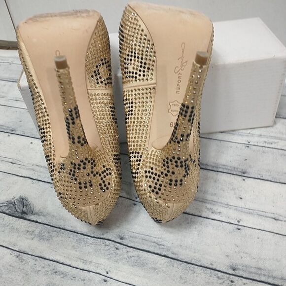 Report Signature Woman's SZ 6.5 Parker Gold Black Rhinestone Leopard Stilettos - Picture 7 of 9